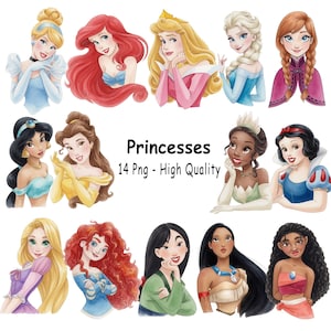 May include: A selection of watercolour illustrations of various princesses. Each princess is shown with unique hairstyles, outfits, and accessories. The image includes the text "Princesses 14 Png - High Quality".