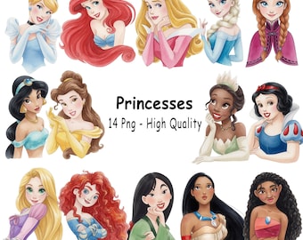 プリンセス水彩画PNGバンドル、プリンセス水彩画クリップアート、デジタルエルサ、アナ、オーロラ、マーメイド、ジャスミン、ティアナ、ベル、ダイアナ、ルナ、ラプンツェル