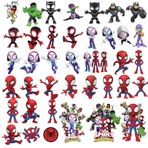 Może przedstawiać: Kolekcja figurek i naklejek z postaciami z serialu Marvel Spidey i super-kumple, przedstawiająca różne pozy Spider-Mana, Ghost-Spider, Milesa Moralesa, Hulka, Czarnej Pantery, Zielonego Goblina, Rhino i Doc Ocka wraz z logo serialu.