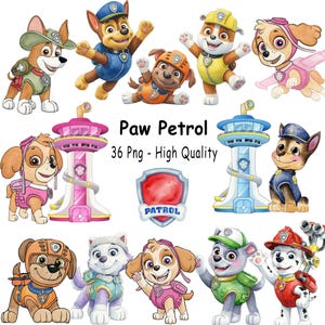 May include: A collection of watercolour illustrations featuring Paw Patrol characters and two lookout towers. The characters are shown in action, wearing their distinctive uniforms in blue, orange, yellow, pink, and green. The image includes the text "Paw Patrol" and "36 Png - High Quality".