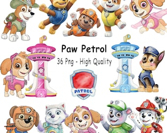 Imágenes prediseñadas de perros en formato PNG acuarela, paquete de imágenes PNG de dibujos animados hechas a mano, archivo digital, archivos de imágenes prediseñadas, descarga instantánea.