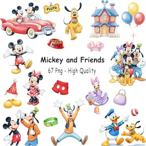 Pode incluir: Uma coleção de ilustrações de desenhos animados coloridos com Mickey Mouse, Minnie, Pato Donald, Margarida, Pateta e Pluto. A imagem inclui um carro vermelho, uma casa, balões e o texto "Mickey and Friends 67 Png - High Quality."