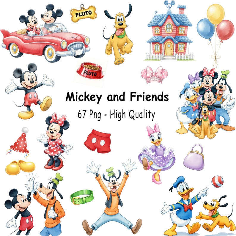 Puede incluir: Una colecci&oacute;n de ilustraciones de dibujos animados coloridos con Mickey Mouse, Minnie Mouse, Donald Duck, Daisy Duck, Goofy y Pluto. La imagen incluye un coche rojo, una casa, globos y el texto "Mickey and Friends 67 Png - High Quality."