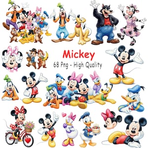 Puede incluir: Una colección de ilustraciones digitales que presentan a Mickey Mouse, Minnie Mouse, Donald Duck, Daisy Duck, Goofy, Pluto, Chip, Dale, Clarabelle Cow y el Lobo Feroz, con el texto Mickey 68 Png - High Quality centrado en el medio.