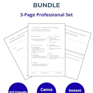 Op de afbeelding: Een complete carrièrebundel met een professionele set van 3 pagina's. De afbeelding toont drie cv-sjablonen met de tekst "Complete Career Bundle" en "3-Page Professional Set". Inclusief badges "ATS Friendly", "Canva Editable" en "Instant Access".