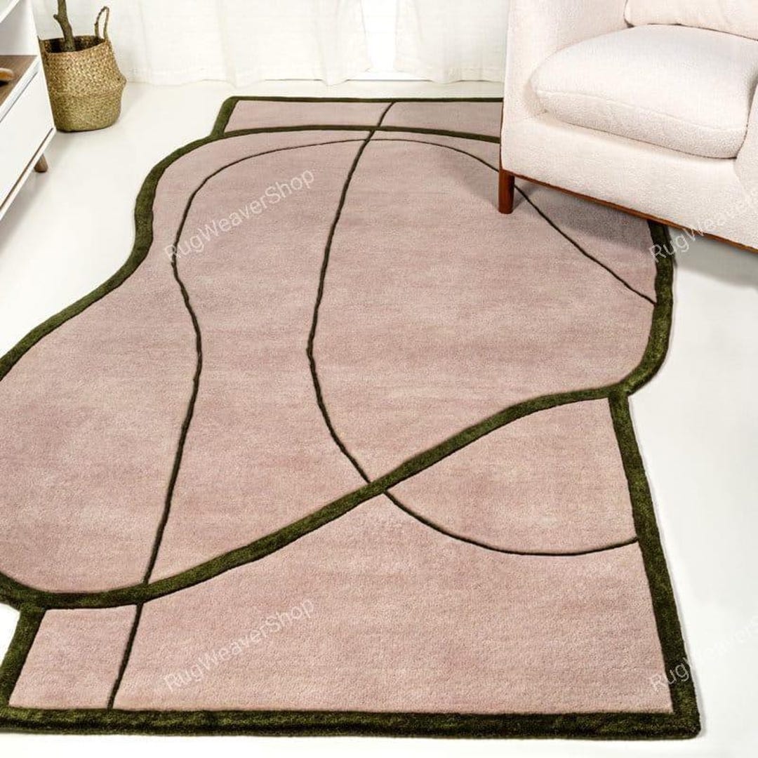 Hand Tufted Wool Rug: Organic Curved Line Design, Olive Green - Etsy