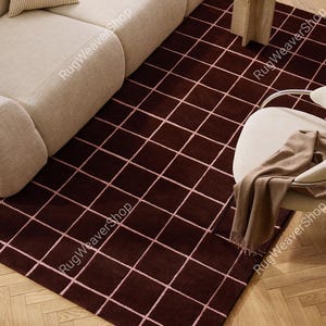 Hand Tufted Wool Rug, Burgundy Pink Grid, Cut Loop Pile Carpet, Minimalist Living Room