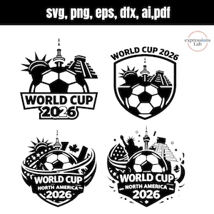 Puede incluir: Gráficos vectoriales en blanco y negro para la Copa del Mundo 2026. Los diseños incluyen balones de fútbol, monumentos como la Estatua de la Libertad, la Torre CN y pirámides, con texto que dice "World Cup 2026" y "North America 2026".