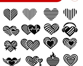 Paquete SVG de corazón rayado para Cricut / Diseños modernos de corazones de amor / Corazones de San Valentín / Descarga instantánea, SVG de amor, clipart de amor