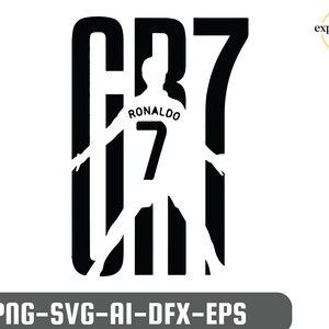 May include: A black and white graphic design featuring the text CR7 with a silhouette of a soccer player wearing a jersey with the name RONALDO and the number 7. The design includes the text expressions Lab and PNG-SVG-AI-DFX-EPS at the bottom.
