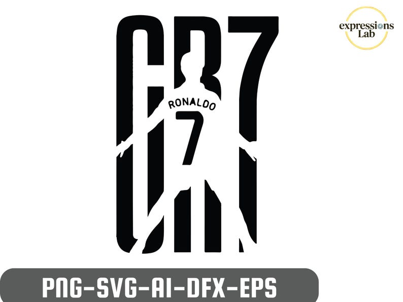 May include: A black and white graphic design featuring the text CR7 with a silhouette of a soccer player wearing a jersey with the name RONALDO and the number 7. The design includes the text expressions Lab and PNG-SVG-AI-DFX-EPS at the bottom.
