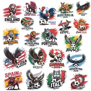 May include: A collection of colorful soccer-themed logos featuring various animals and flags representing different countries. Each logo includes a soccer ball and the year 2026 or 2028, with country names like England, USA, and Brazil.
