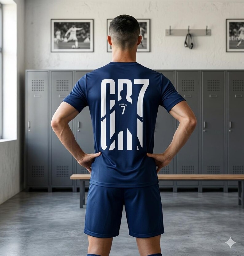 May include: A dark blue athletic jersey and matching shorts set. The back of the jersey features a large white graphic with the text CR7, incorporating a silhouette of a soccer player with the number 7 centered within the design.
