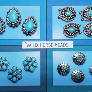 May include: An assortment of turquoise-colored beads in various shapes, including teardrops and floral designs, set against a blue background. The image includes the text "WILD HORSE BEADS".