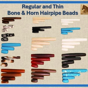 May include: An assortment of regular and thin bone and horn hairpipe beads. The beads are shown in shades of brown, black, white, red, and turquoise. Some beads feature patterns. The image includes the text "Regular and Thin Bone & Horn Hairpipe Beads."