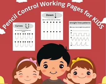 Puede incluir: Una colorida ilustración educativa para niños, con el texto "Pencil Control Working Pages for KIDS". La imagen muestra niños y ejercicios de trazado: curvas, líneas rectas y líneas descendentes.