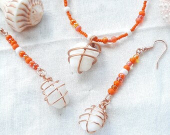 Sea Agate Stone Necklace, Orange Seed Bead Necklace, Wire Wrapped Pendant, Boho Jewelry, Agate Dangle Earrings