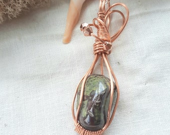 Obtuse Bloodstone Pendant, Green Stone Boho Necklace, Moss Green Stone, Copper Jewelry