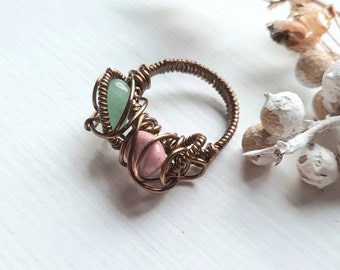 Wire Wrapped Green Adventurine and Rhodonite Stone Ring,  Antiqued Brass, Size 5 3/4
