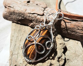 Large Tiger's Eye Pendant, Boho Necklace, Wire Wrapped Stone, Silver Plated Wire