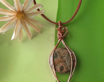 Rainforest Rhyolite Necklace, Copper Necklace, Brown Leather Cord