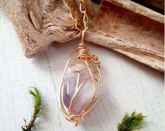 Wire Wrapped Amethyst Pendant, Boho Necklace, Gold Tone Chain