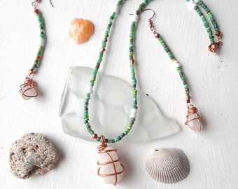 Sea Agate Stone Necklace, Wire Wrapped Pendant, Green Seed Bead Necklace