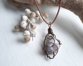 Wire Wrapped Lilac Amethyst Necklace, Wire Wrapped Pendant, Leather Cord, Antiqued Brass
