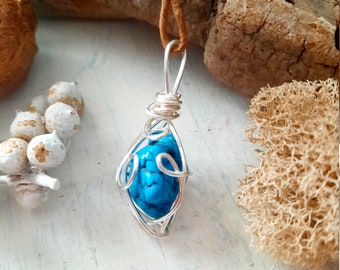 Wire Wrapped Turquoise Howlite Pendant, Boho Necklace, Chakra Stone, Silver Plated Jewelry