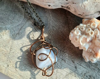 Blue Lace Agate Stone Necklace, Wire Wrapped Pendant, Antiqued Brass Chain