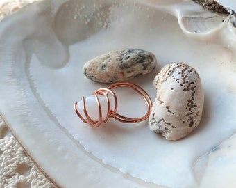 Wire Wrapped White Quartz Ring,  Copper Ring, Size 10