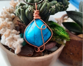 Wire Wrapped Turquoise Pendant, Boho Necklace, Southwestern Howlite Jewelry, Leather Cord Necklace