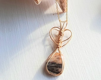 Wire Wrapped Picture Jasper Stone Necklace, Wire Wrapped Pendant, Gold Plated Chain