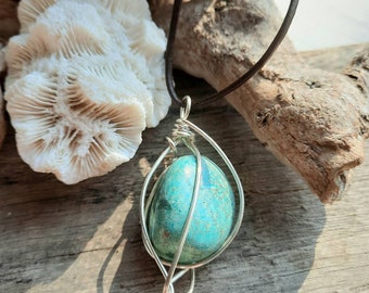 Blue Turquoise Pendant, Wire Wrap Necklace, Leather Cord, Silver Plated Wire, Free Form Artist Wire Design