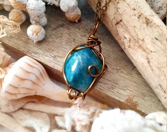 Wire Wrapped Chrysocolla Stone Necklace, Wire Wrapped Pendant, Blue Stone