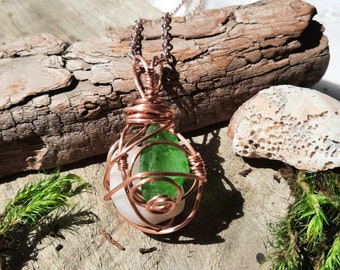 Wire Wrapped Copper Beach Stone & Green Seaglass Pendant, Boho Jewelry, Beach Jewelry