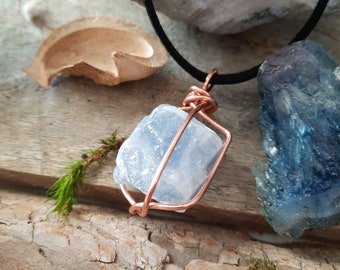 Wire Wrapped Blue Chalcedony Pendant, Boho Necklace, Black Vegan Leather Cord, Raw Blue Stone Copper Jewelry