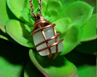 Quartz Crystal Stone Necklace, Wire Wrapped Copper Pendant, Boho Jewelry