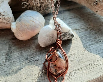 Brown Jasper Stone Necklace, Protection Stone, Wire Wrapped Pendant, Antiqued Copper Chain, Stone Pendant