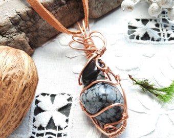 Wire Wrapped Copper Black Obsidian & Gray Jasper Pendant, Boho Necklace, Stone Copper Jewelry