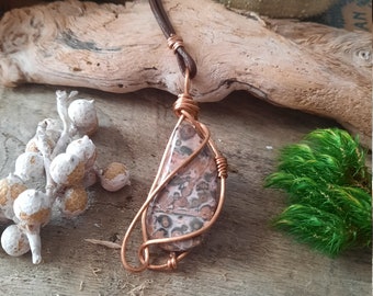 Wire Wrapped Leopard Skin Pendant, Boho Necklace, Copper, Brown Leather Cord