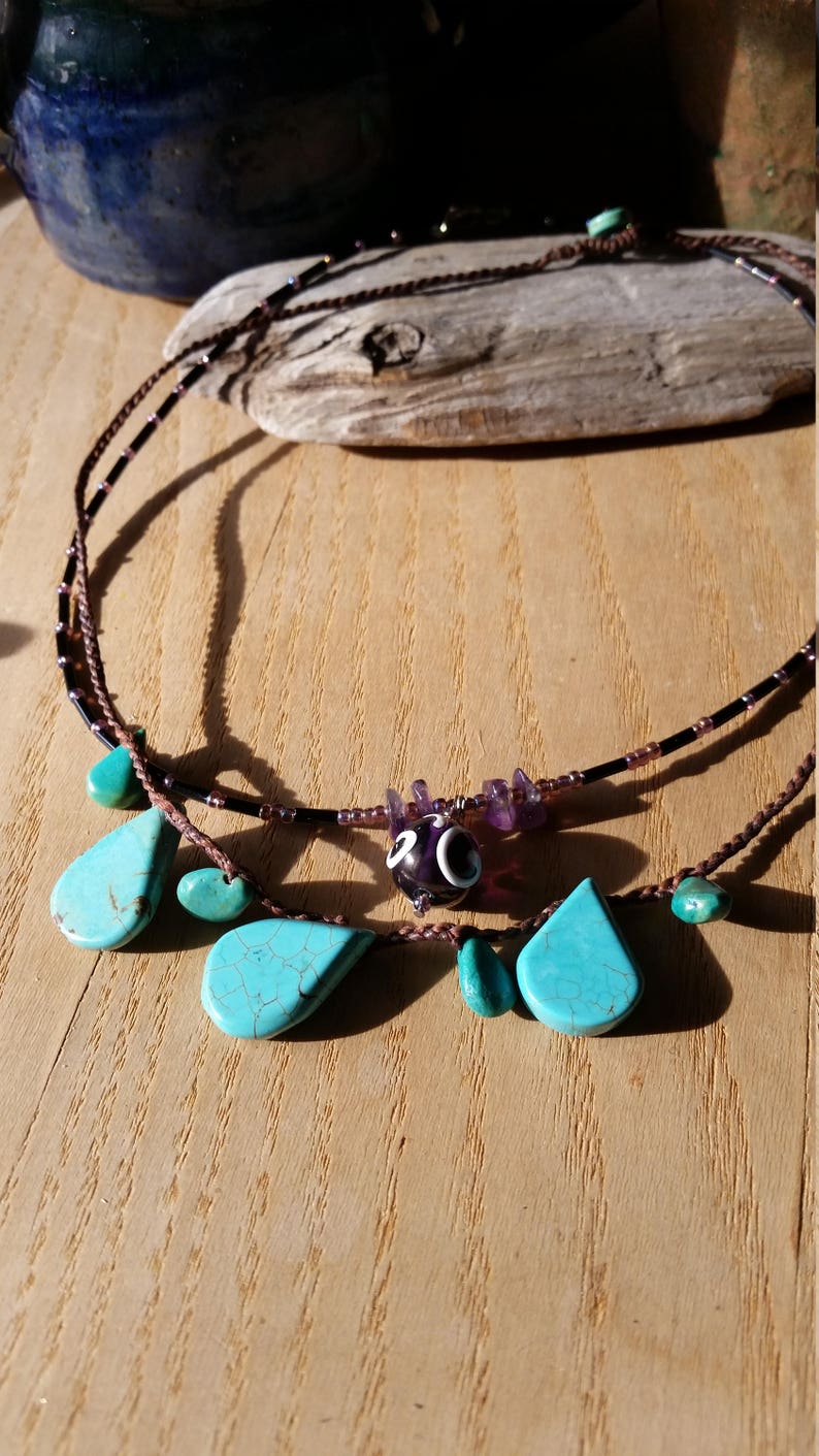 Seed Bead Choker Two Boho Necklaces Turquoise Beaded Brown Cord
