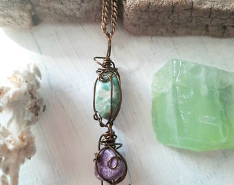 Wire Wrapped Turquoise & Stichtite Stone Necklace, Wire Wrapped Pendant, Brasstone Chain