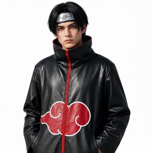 May include: A black long-sleeved coat featuring a high collar, a bright red vertical zipper, and large red cloud patterns with white outlines. The garment is paired with a silver metal headband displaying a spiral symbol on a dark plate.