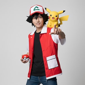 Könnte beinhalten: Eine Person trägt eine rot-weiße Weste, eine rot-weiße Kappe mit grünem Symbol und ein schwarzes Hemd. Eine gelbe Pikachu-Figur sitzt auf der Schulter der Person. Die Person hält einen rot-weißen Pokéball.