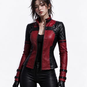 May include: A fitted jacket featuring a red and black color scheme with a high collar and a front zipper. The sleeves include quilted black shoulder panels, red forearm sections, and black buckled straps at the wrists. The jacket is worn over a black top.