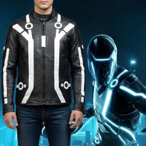 May include: Black leather jacket with white geometric patterns, a stand-up collar, and a front zip. The jacket has white lines and circles on the front and sleeves. The image also shows a futuristic character in a black suit with glowing blue accents.