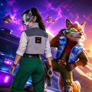 Puede incluir: Una persona con una máscara de lobo, chaqueta gris y blanca, pantalones verdes y guantes sin dedos está de pie junto a un personaje de zorro con un atuendo azul y verde. El fondo presenta una escena espacial púrpura y azul con vehículos voladores.