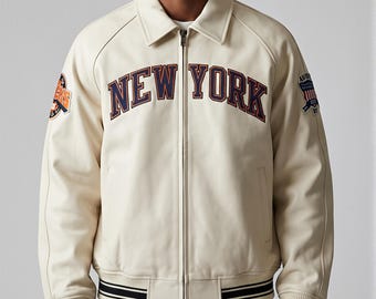 Avirex New York White Leather Bomber Jacket – Men’s Varsity Style