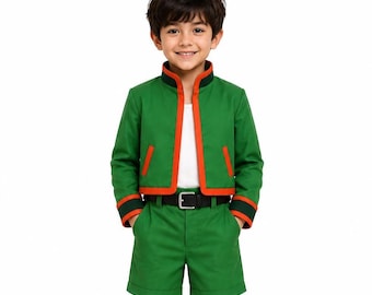 Conjunto de disfraz de cosplay infantil inspirado en Hunter x Hunter – Traje de anime verde para niños – Disfraz de Halloween